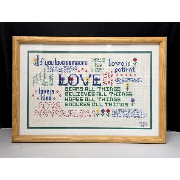 Vintage Handmade Cross Stitch Love Assorted Quotes & Sayings Framed 1983 Signed - Picture 1 of 10